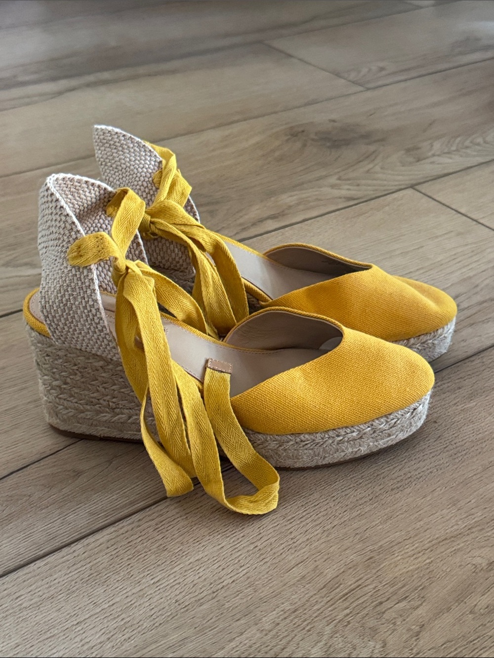Vince Camuto Yellow Canvas Espadrille Wedge Ankle-Tie Sandals
